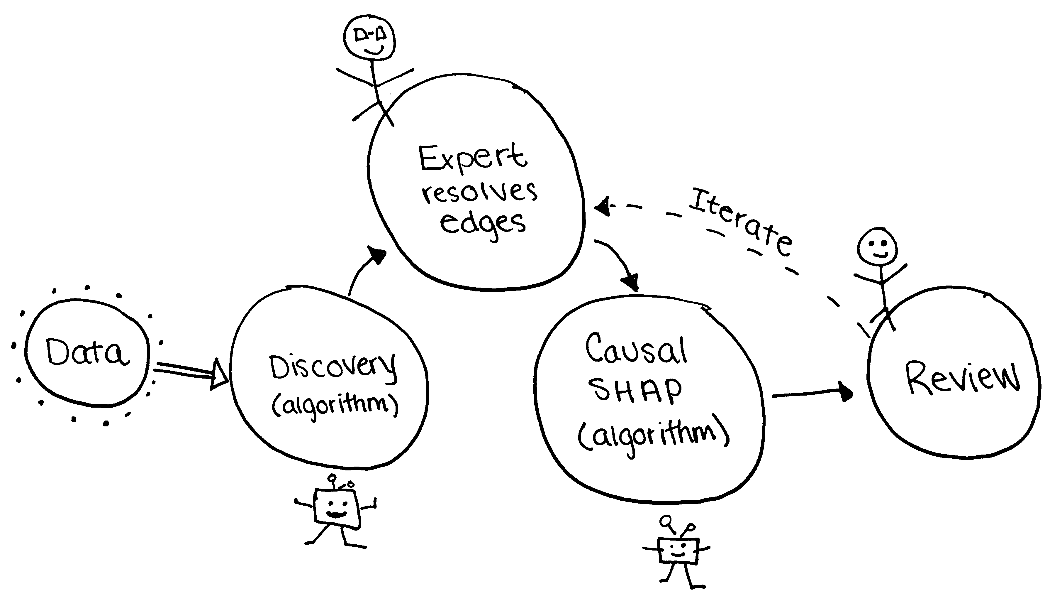 Hand-drawn loop diagram. Data feeds into Discovery (algorithm). Discovery hands an unfinished DAG up to Expert resolves edges (a stick-figure clinician). The resolved DAG is passed to Causal SHAP (algorithm). Causal SHAP outputs go to Review by a second stick-figure expert, with a dashed Iterate arrow looping back to the expert-resolves-edges step.